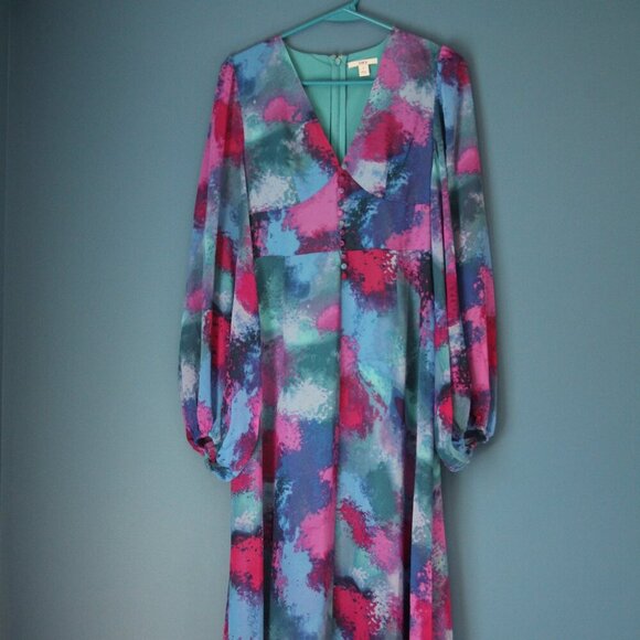 bar III Womens Size 2 Watercolor Flowy V Neck Long Sleeve Dress NWT - Picture 1 of 16
